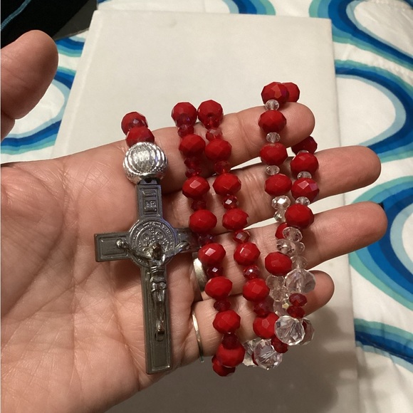 EUC red & clear rosary/necklace with cross - #182 - Picture 7 of 11